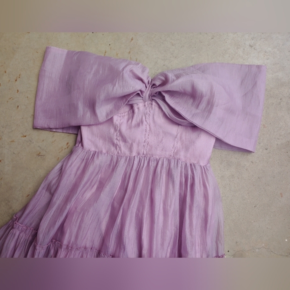 Elegant Off Shoulder Lavender Strapless Chiffon Bow Ruffle Tulle Dress - Picture 9 of 17